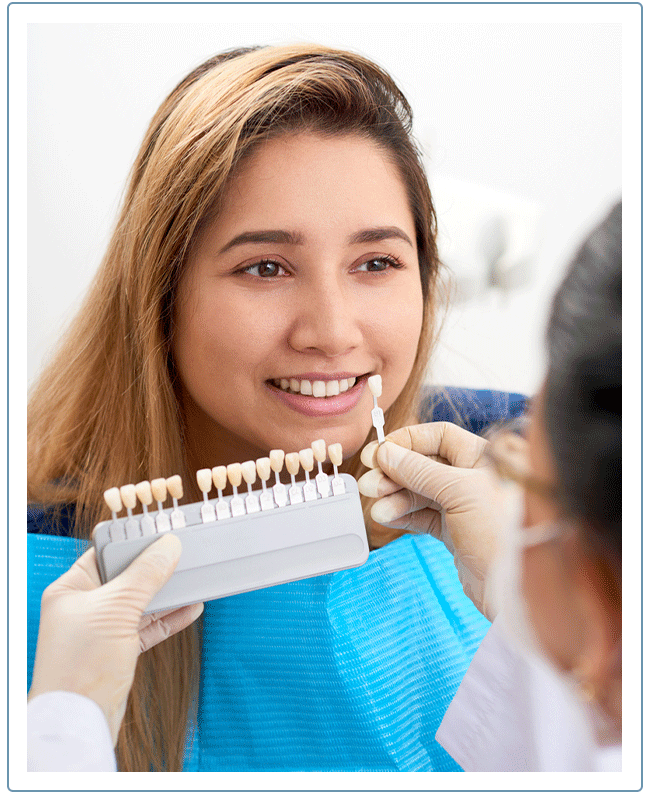 dentist compares veneer options against woman's current smile