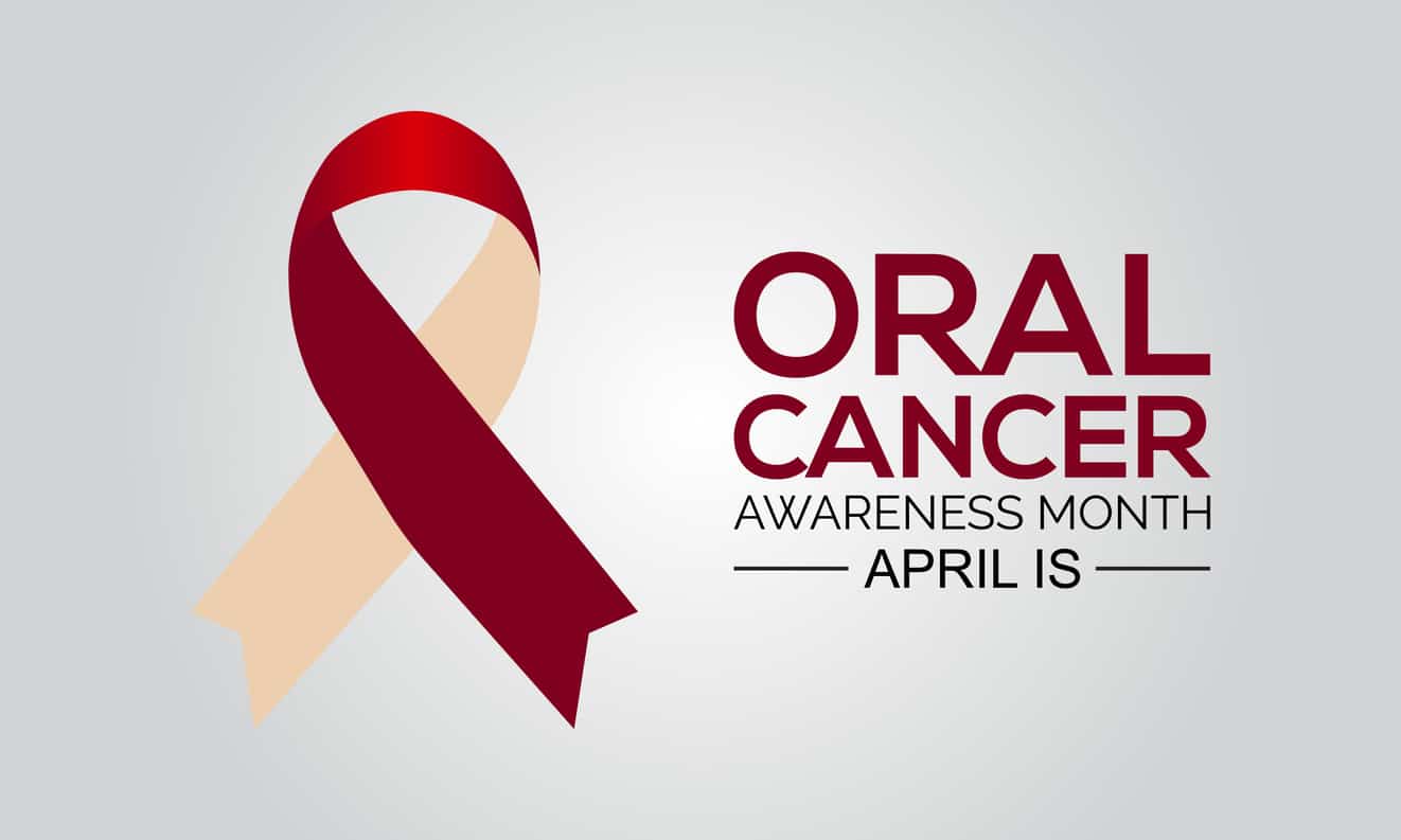 Oral cancer awareness month ribbon and a banner on a gray background